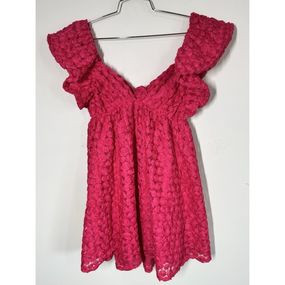 Meet me in Santorini Rosebud Babydoll Mini Dress Ruffle Cap Sleeve Tie Back Sz M - Picture 2 of 12